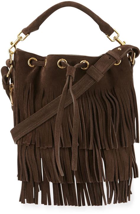 Saint Laurent Emmanuelle Small Suede Fringe Bucket Bag.